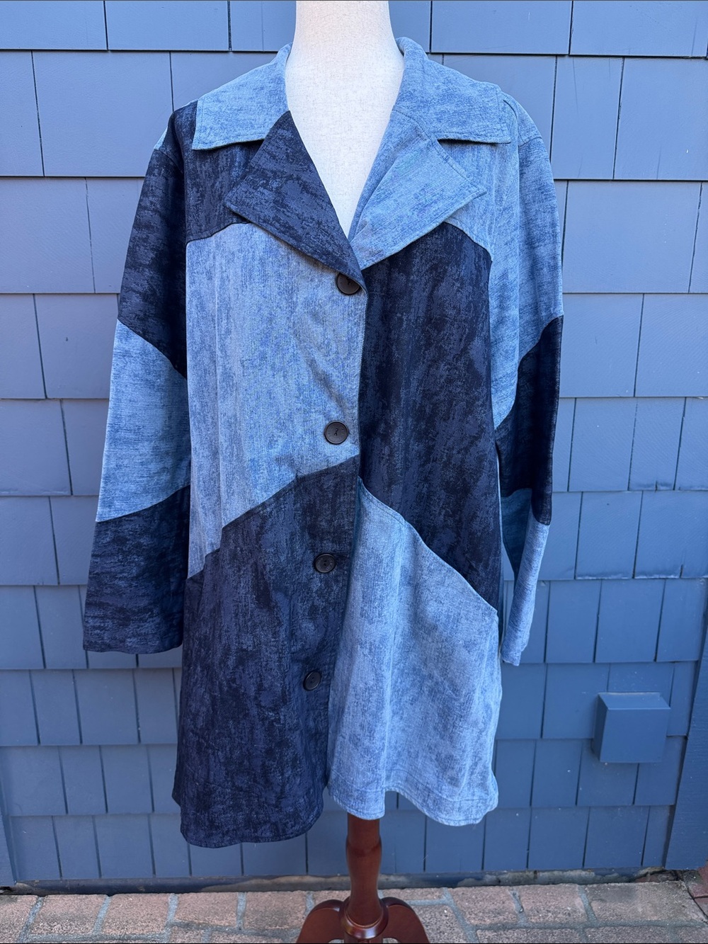 Kekoo Two-Tone Blue patchwork mod Coat XL flare stretch jacket light denim